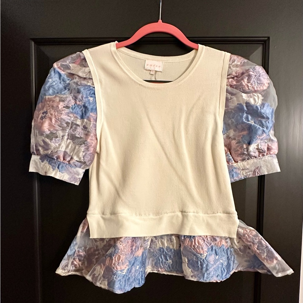 Entro Peplum Top - Cream with Blue and Pink Floral Puff Sleeves - S